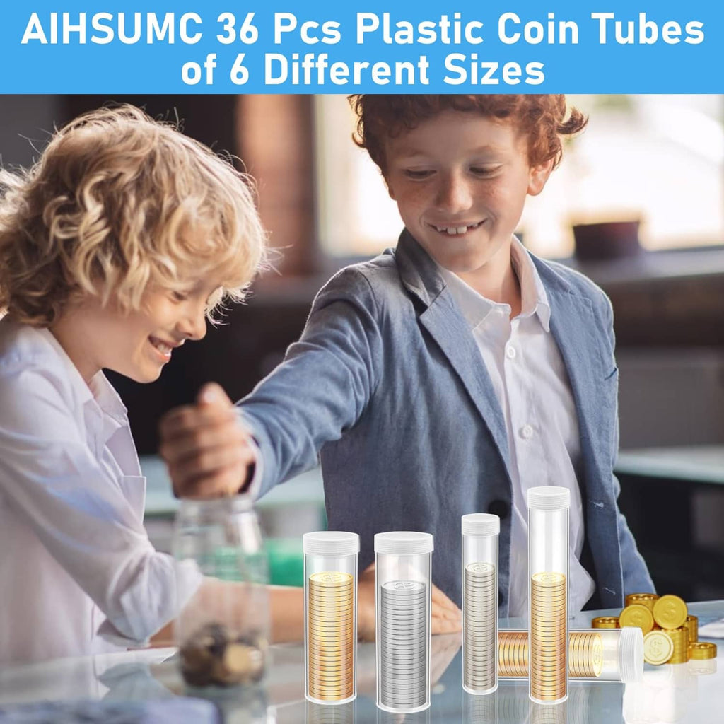 Clear plastic coin tubes with white lids in mixed sizes