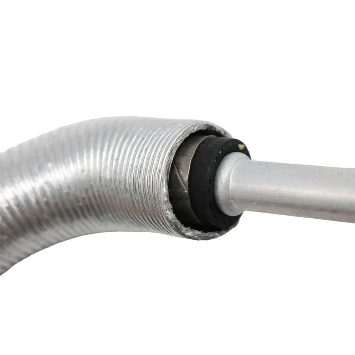 Braided silver hose with black rubber seal and metal coupling end