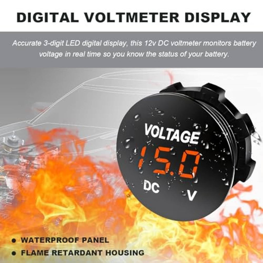 Black round digital voltmeter display with orange 15.0 V LED, waterproof-style housing.