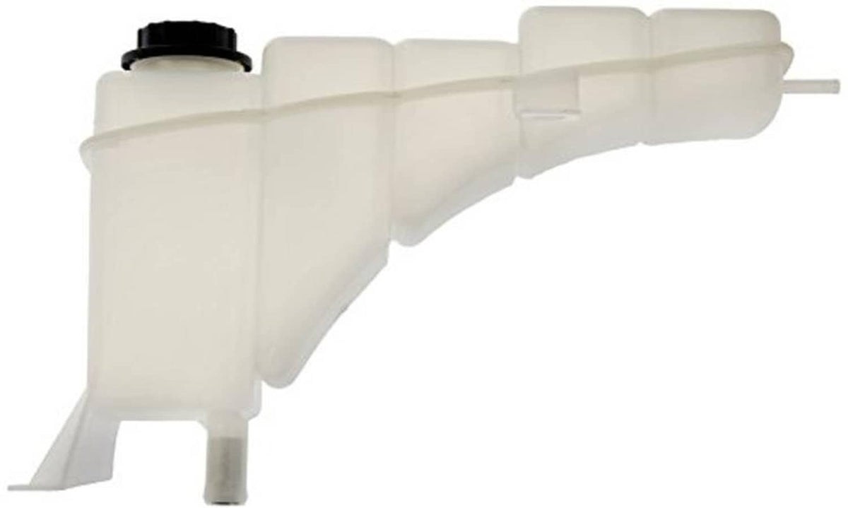 White coolant reservoir with black cap and side outlet