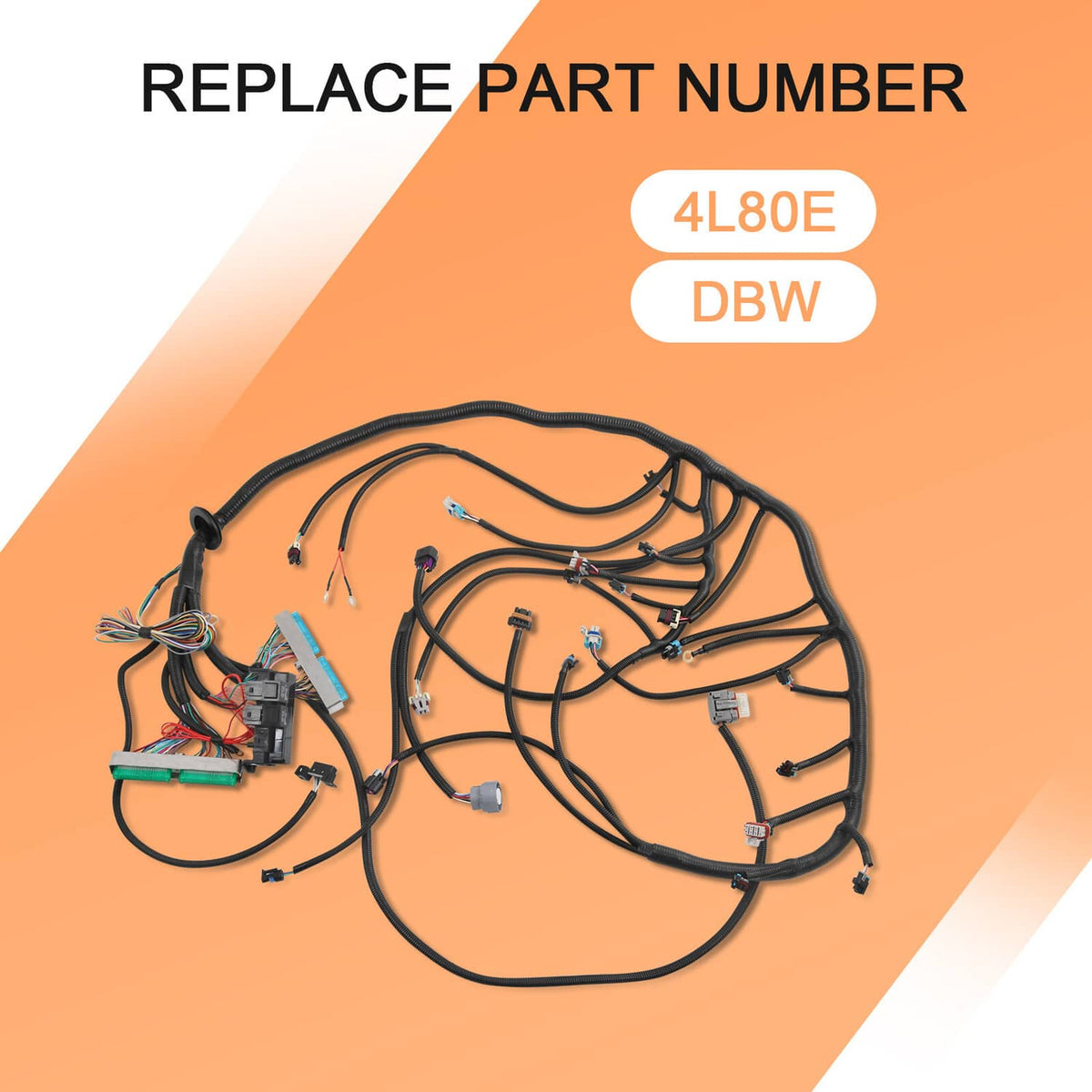 Wiring harness replacement assembly with 4L80E DBW connectors and bundled wires