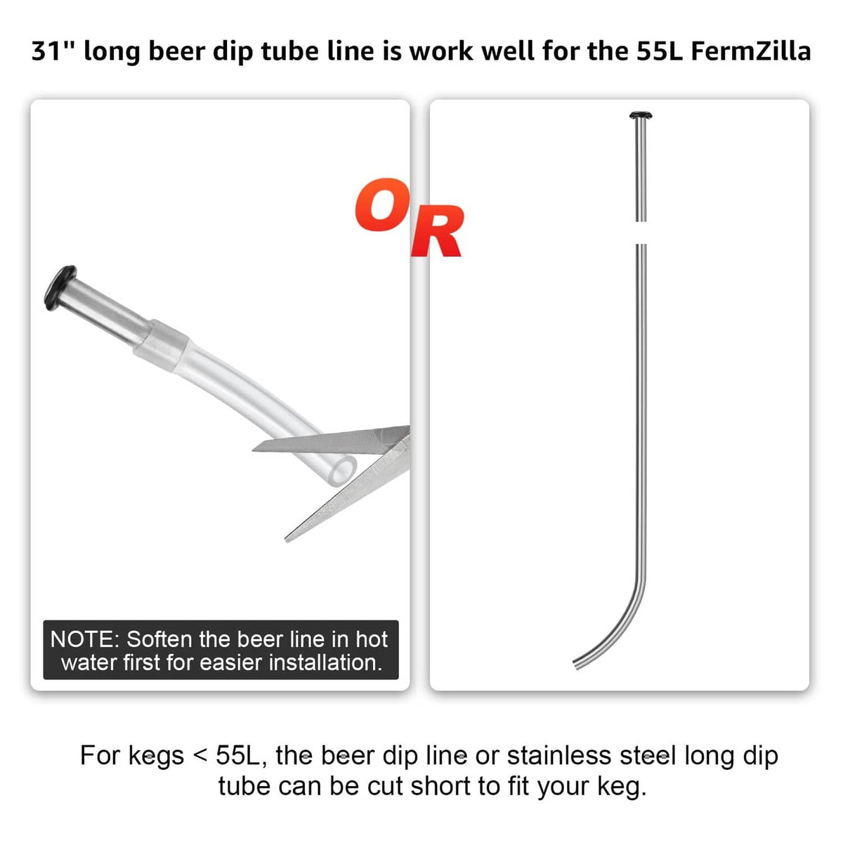 Long beer dip tube with clear silicone line and stainless floating ball, cut to fit