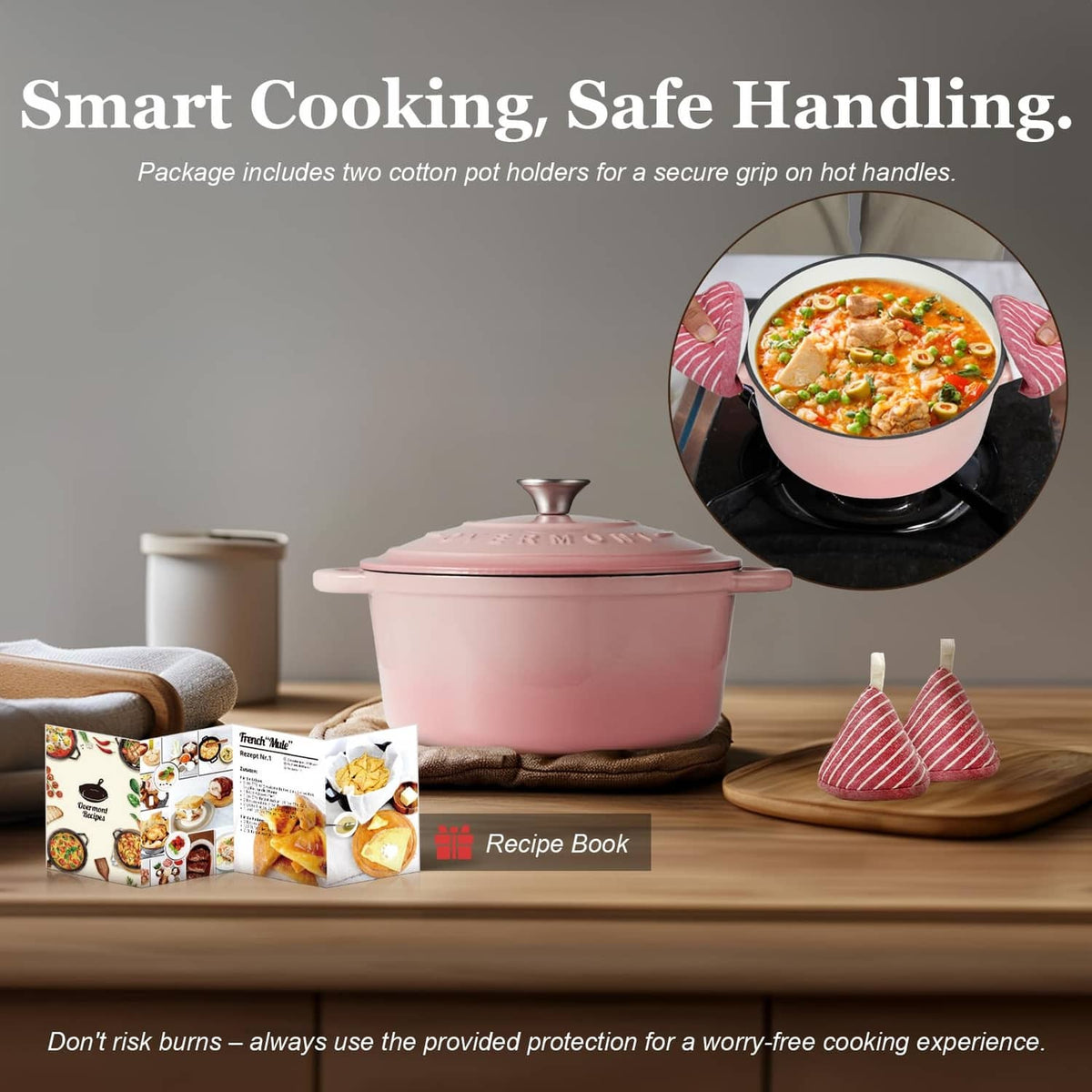 Pink enameled Dutch oven with matching lid and side handles, on countertop.