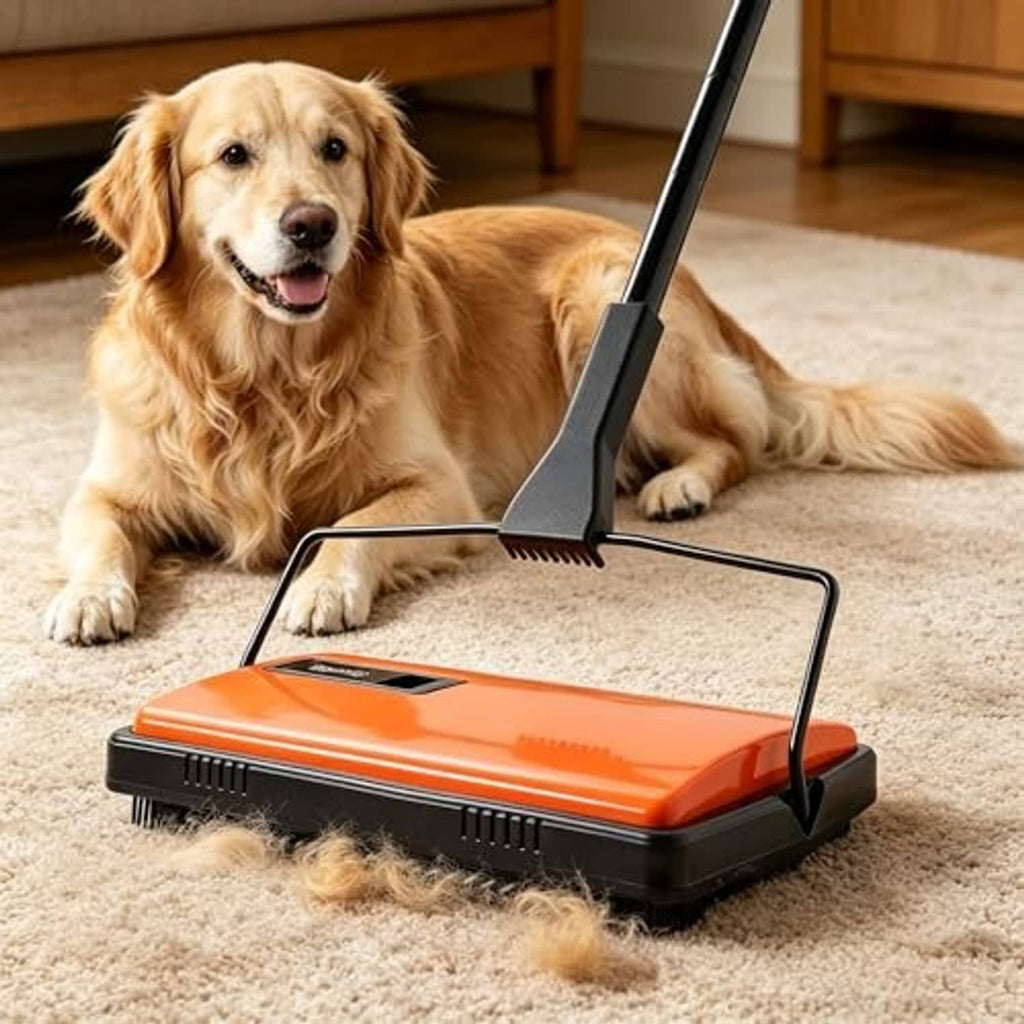 Orange carpet sweeper on rug with rotating brush head and black frame