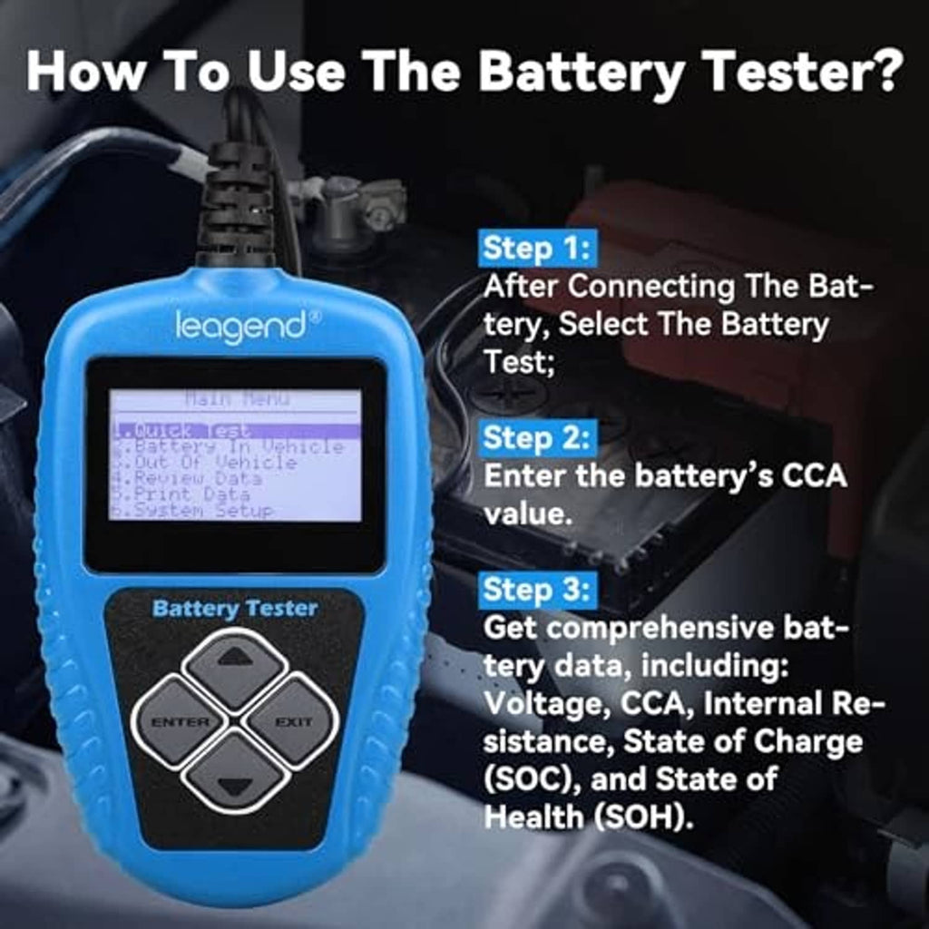 Blue battery tester showing LCD menu and four-button control pad