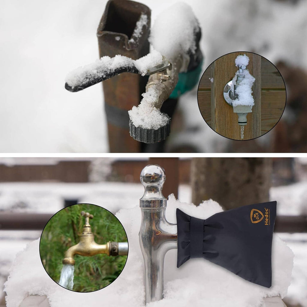 Black faucet cover protecting outdoor tap and hose bib covered with snow