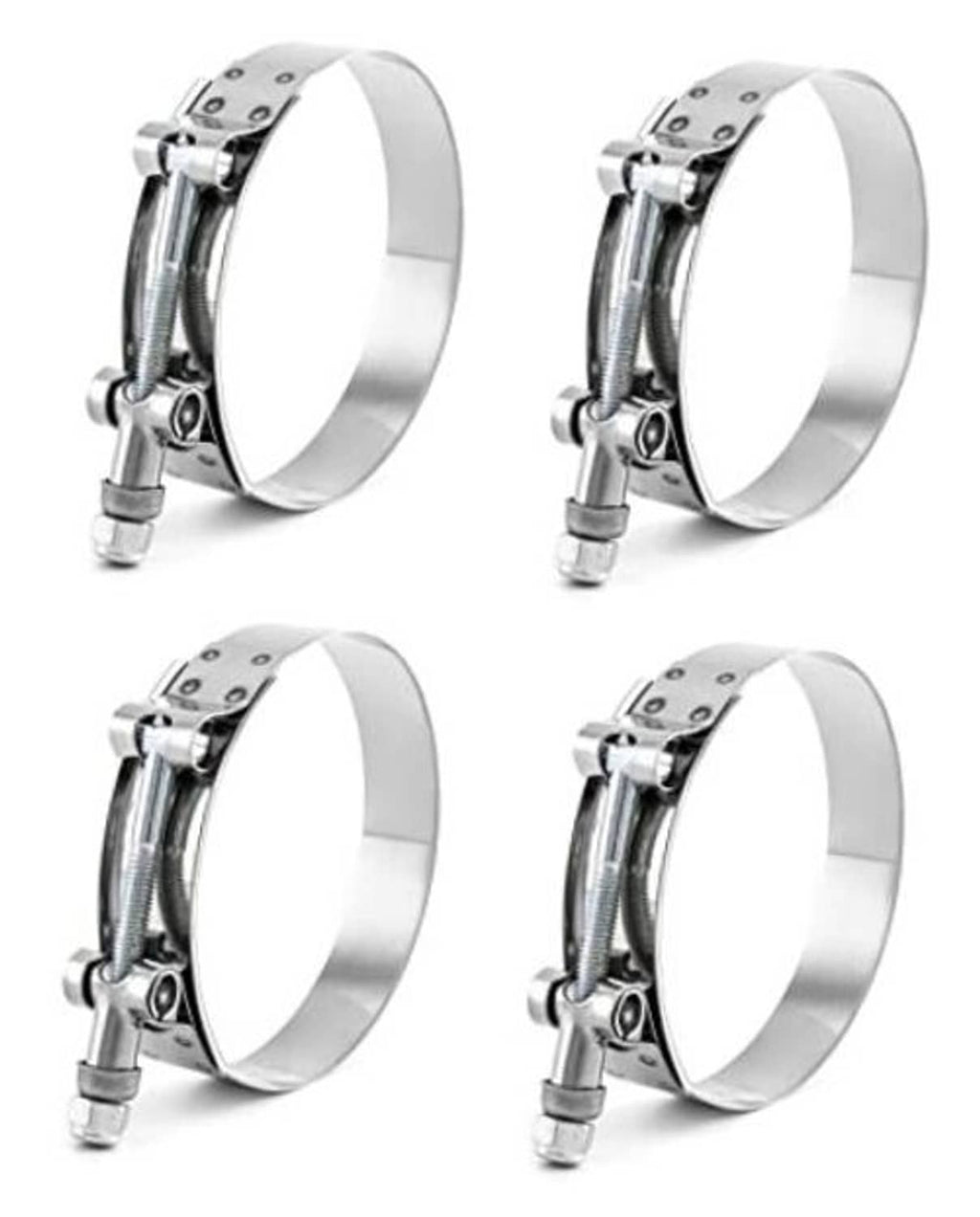 Stainless steel 3 in T-bolt hose clamp set, showing four clamps in a pack