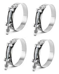 Stainless steel 3 in T-bolt hose clamp set, showing four clamps in a pack