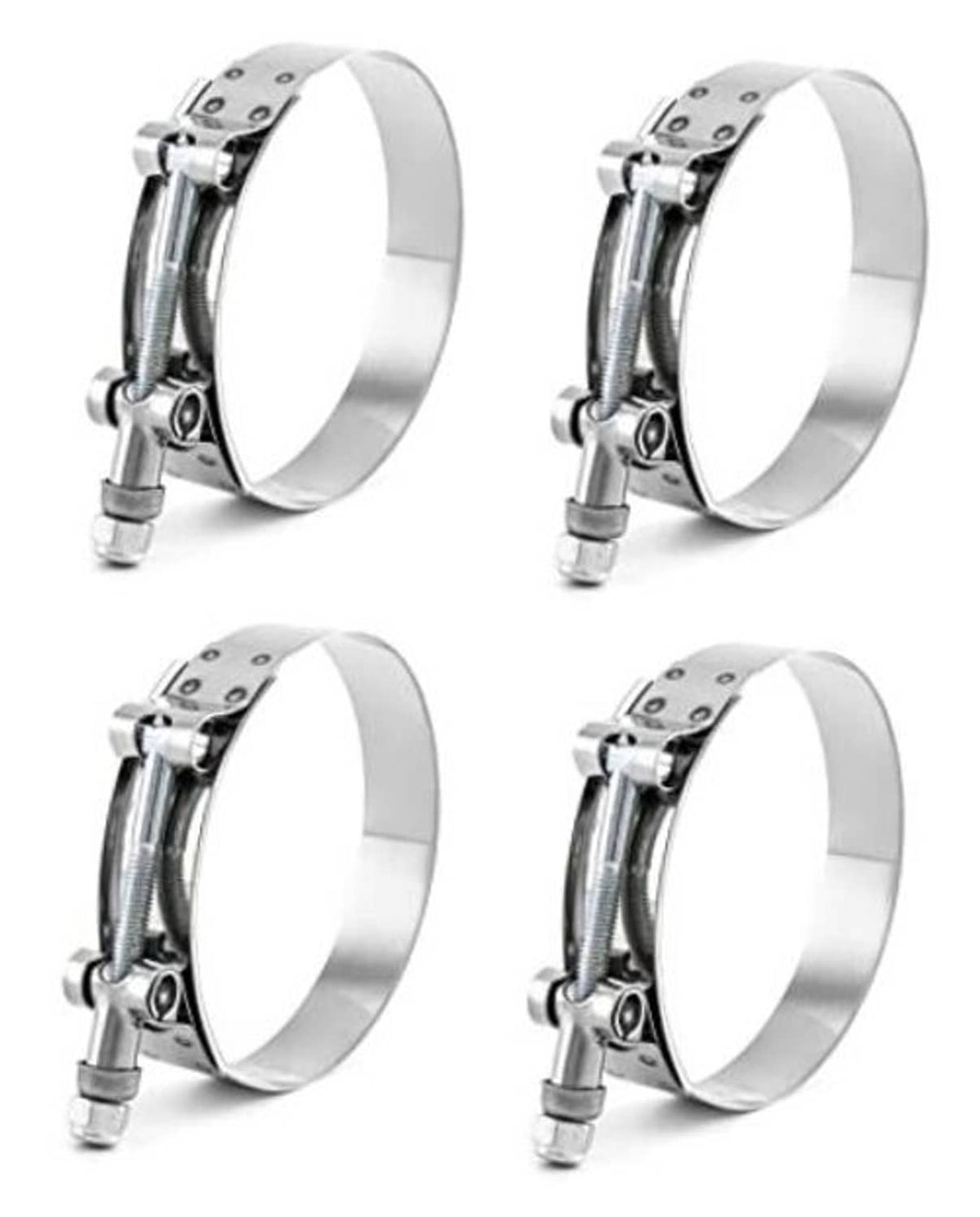 Stainless steel 3 in T-bolt hose clamp set, showing four clamps in a pack