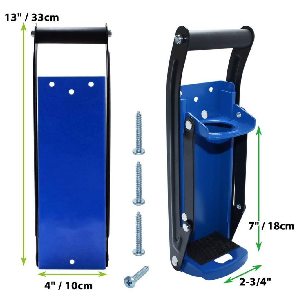 Wall-mounted can crusher with blue housing, black handle, and included mounting screws