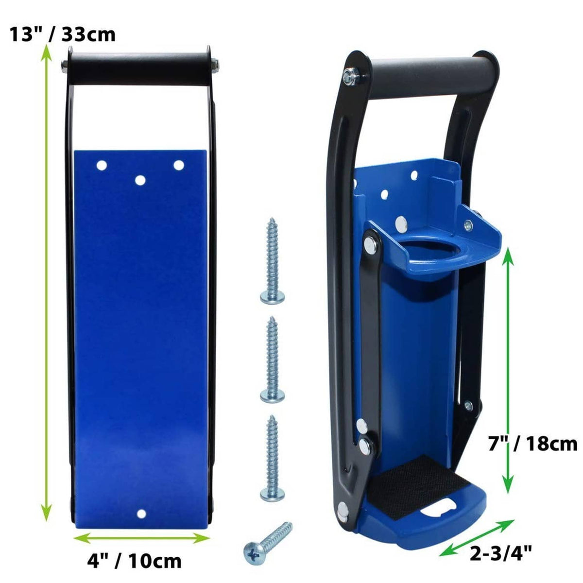 Wall-mounted can crusher with blue housing, black handle, and included mounting screws