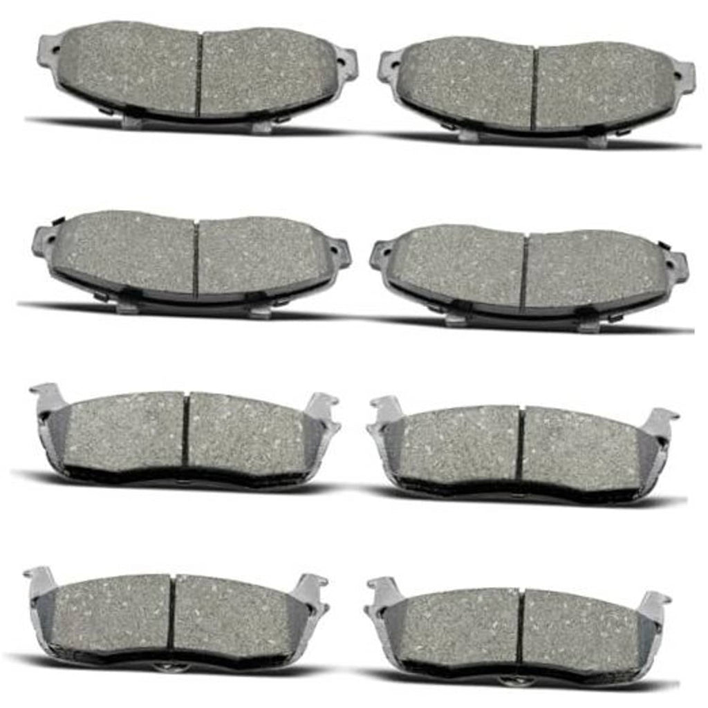 Ceramic front and rear brake pads set, grey friction material on black backing plates.
