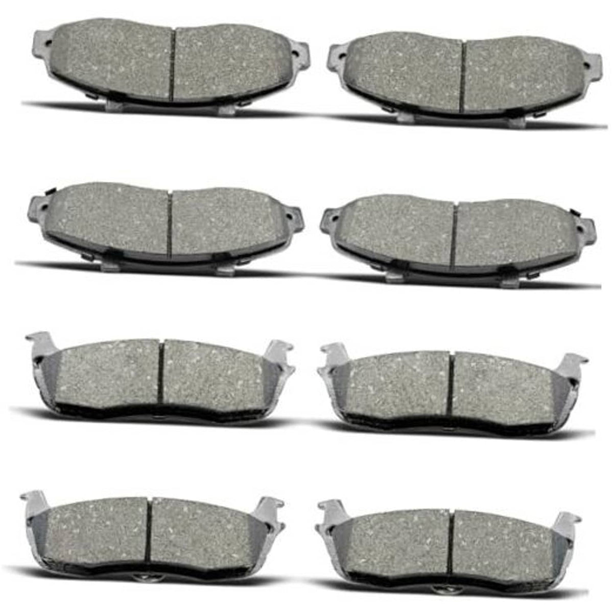 Ceramic front and rear brake pads set, grey friction material on black backing plates.
