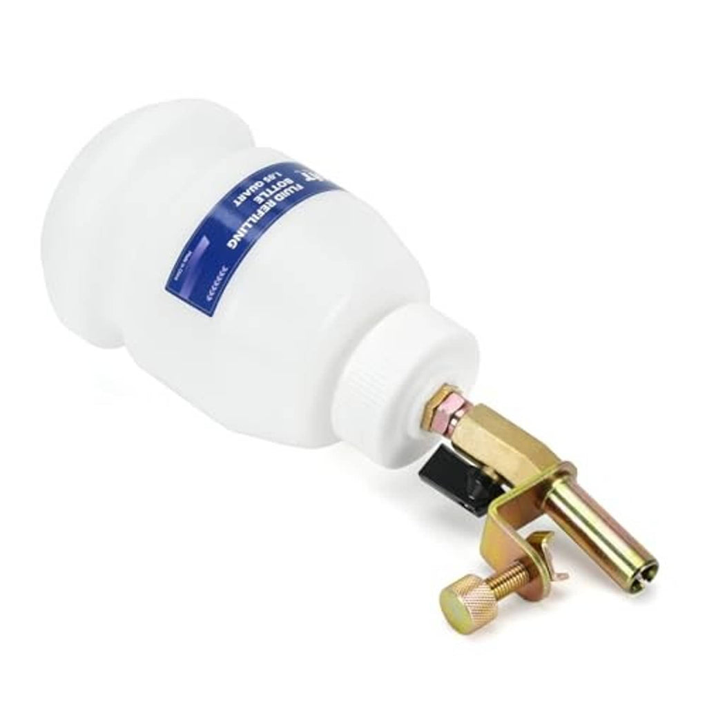 1L refill bottle with blue label and brass valve fitting, white container