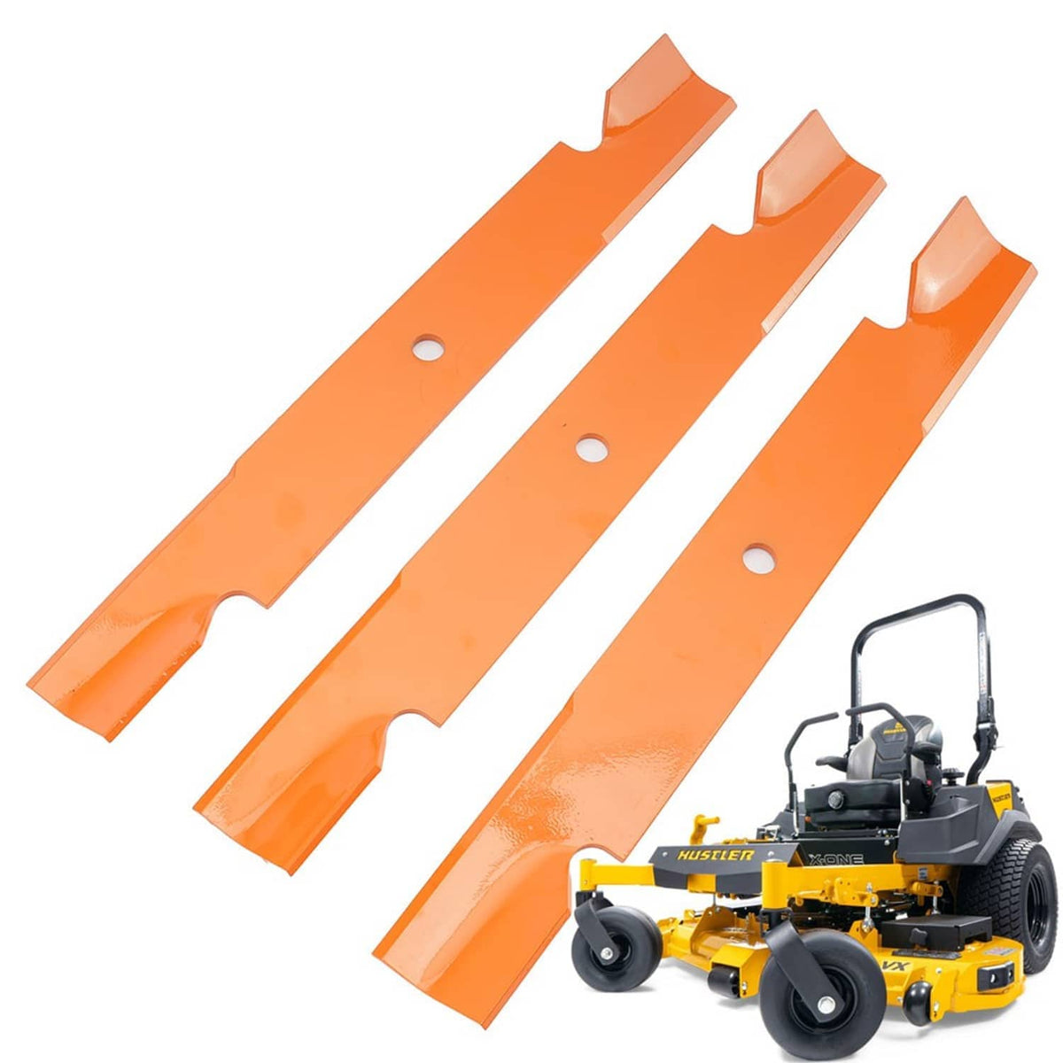 Set of three orange mower blades with mounting holes