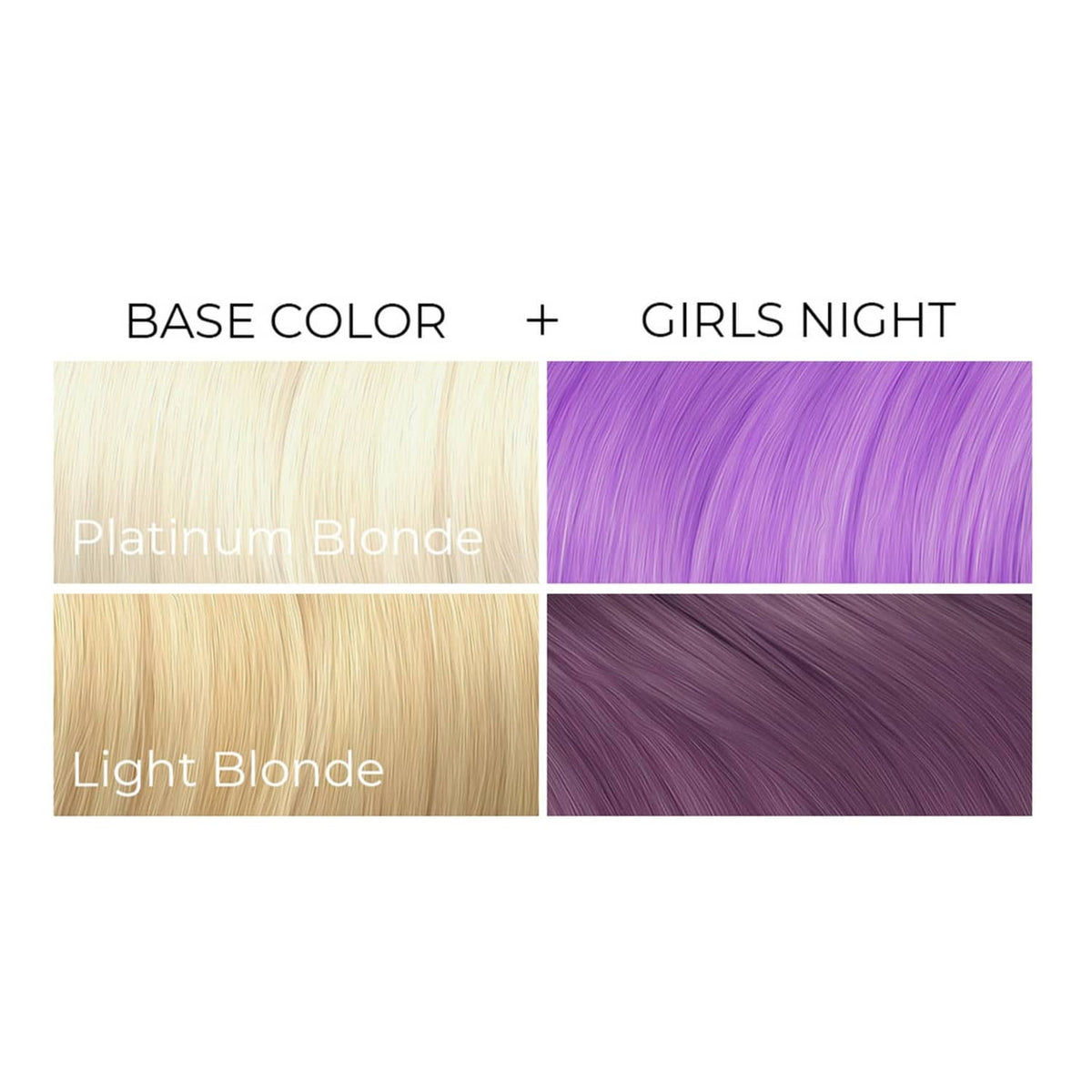Hair dye color chart showing Girls Night over Platinum Blonde and Light Blonde