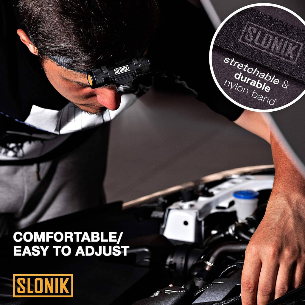 Rechargeable headlamp with stretchable durable nylon band and dual LEDs
