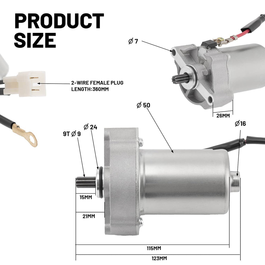 Starter motor assembly size diagram with connector details and dimensions