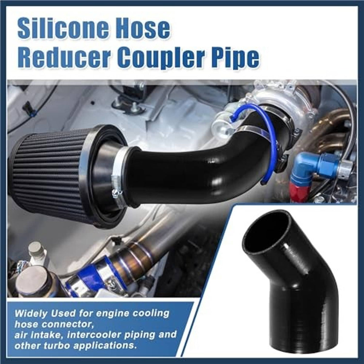 Black silicone hose reducer coupler pipe, 45-degree elbow with end-view inset