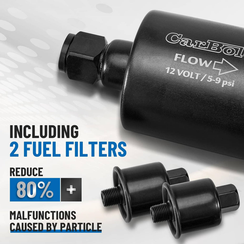 Inline electric fuel pump with two black fuel filter housings and threaded connectors