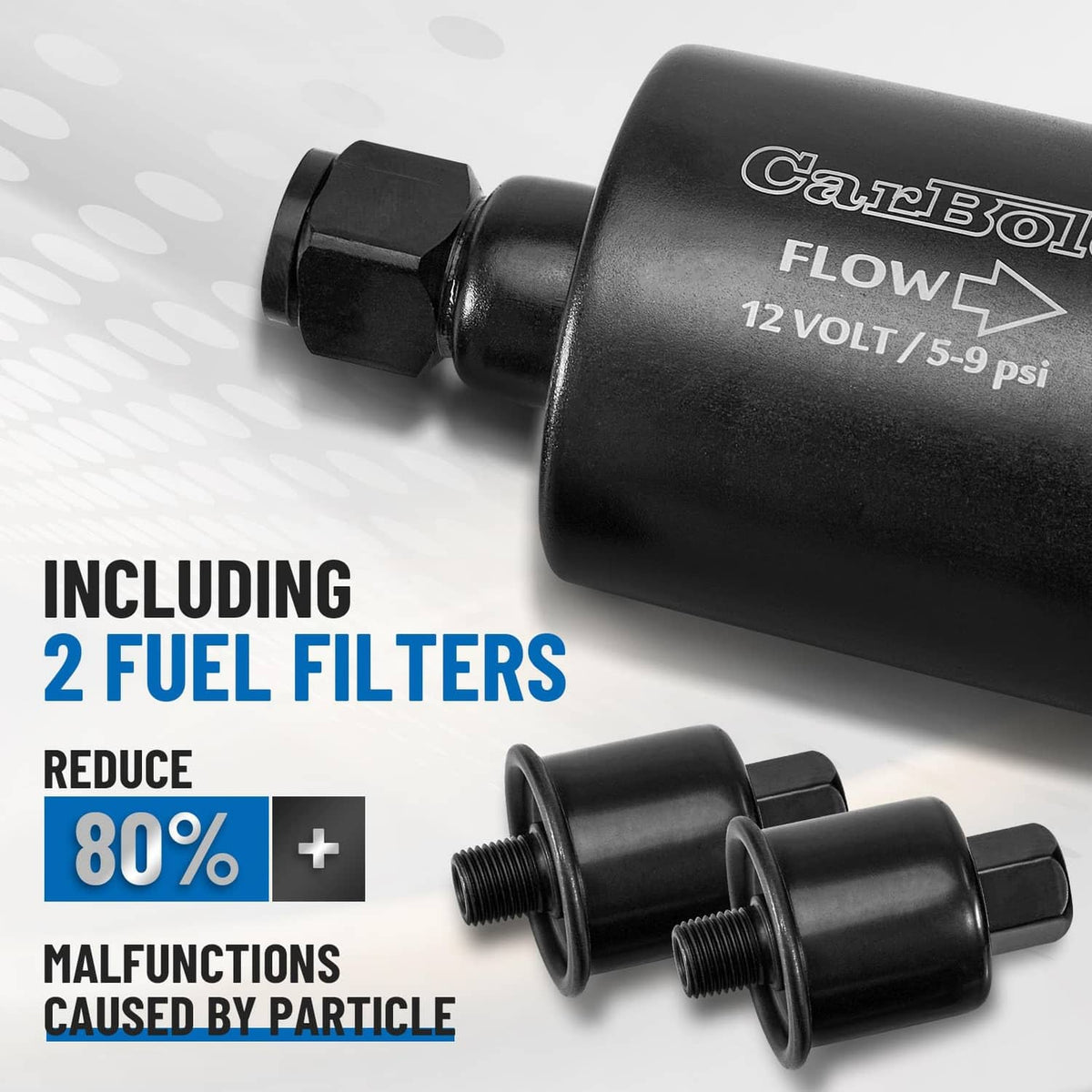 Inline electric fuel pump with two black fuel filter housings and threaded connectors
