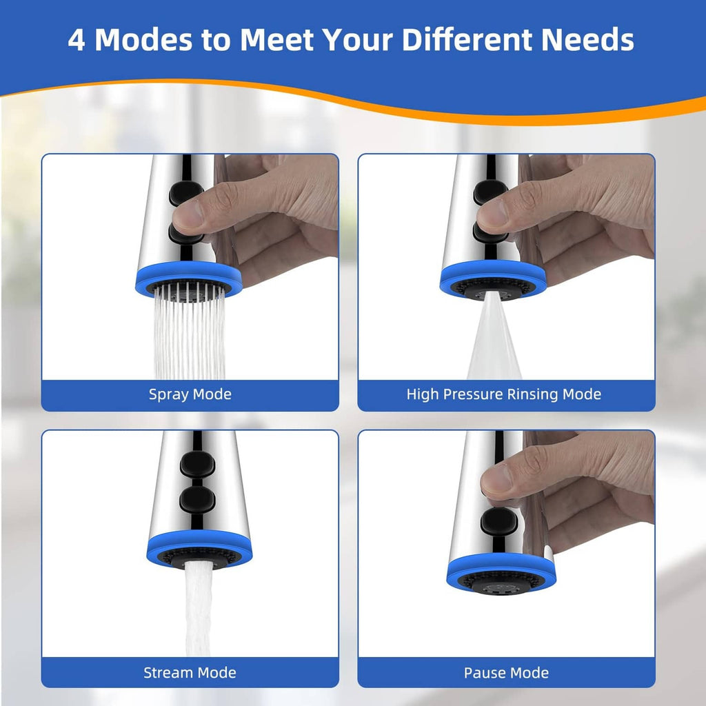 Faucet sprayer head showing four spray modes with hand operating the nozzle