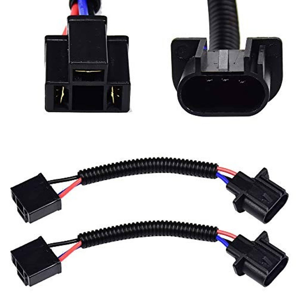 H13 to H4 adapter wiring harness with socket and plug connectors on black cable
