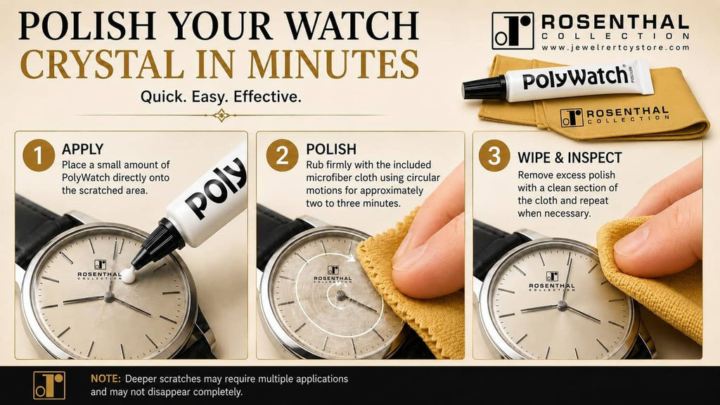 PolyWatch scratch remover tube and microfiber cloth polishing a round watch face