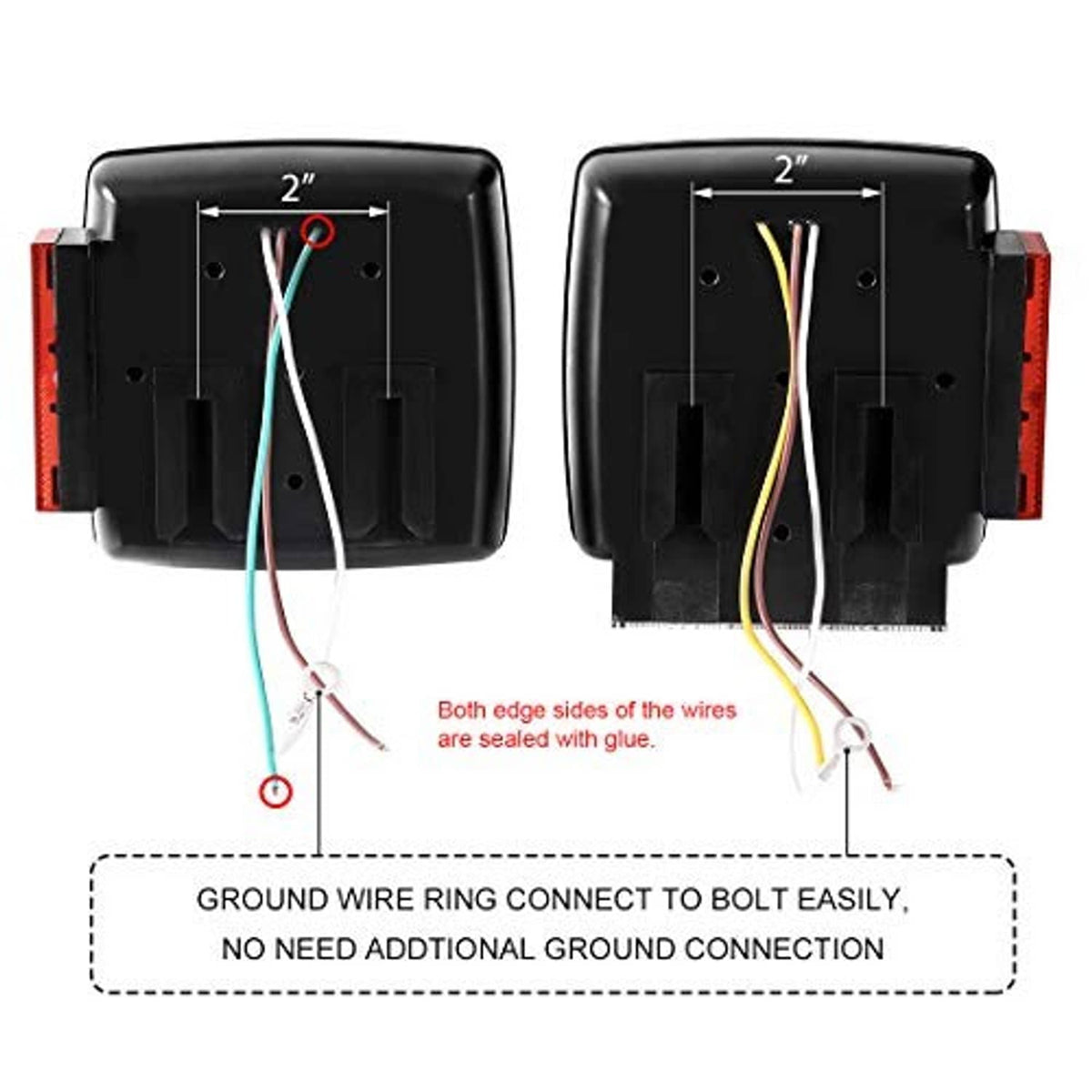 Back view of square red LED trailer light showing wiring leads and mounting terminals