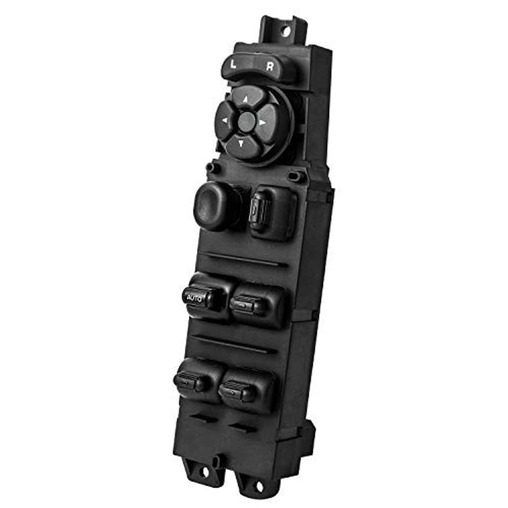 Black power window master switch with window lock controls and side mirror adjust dial