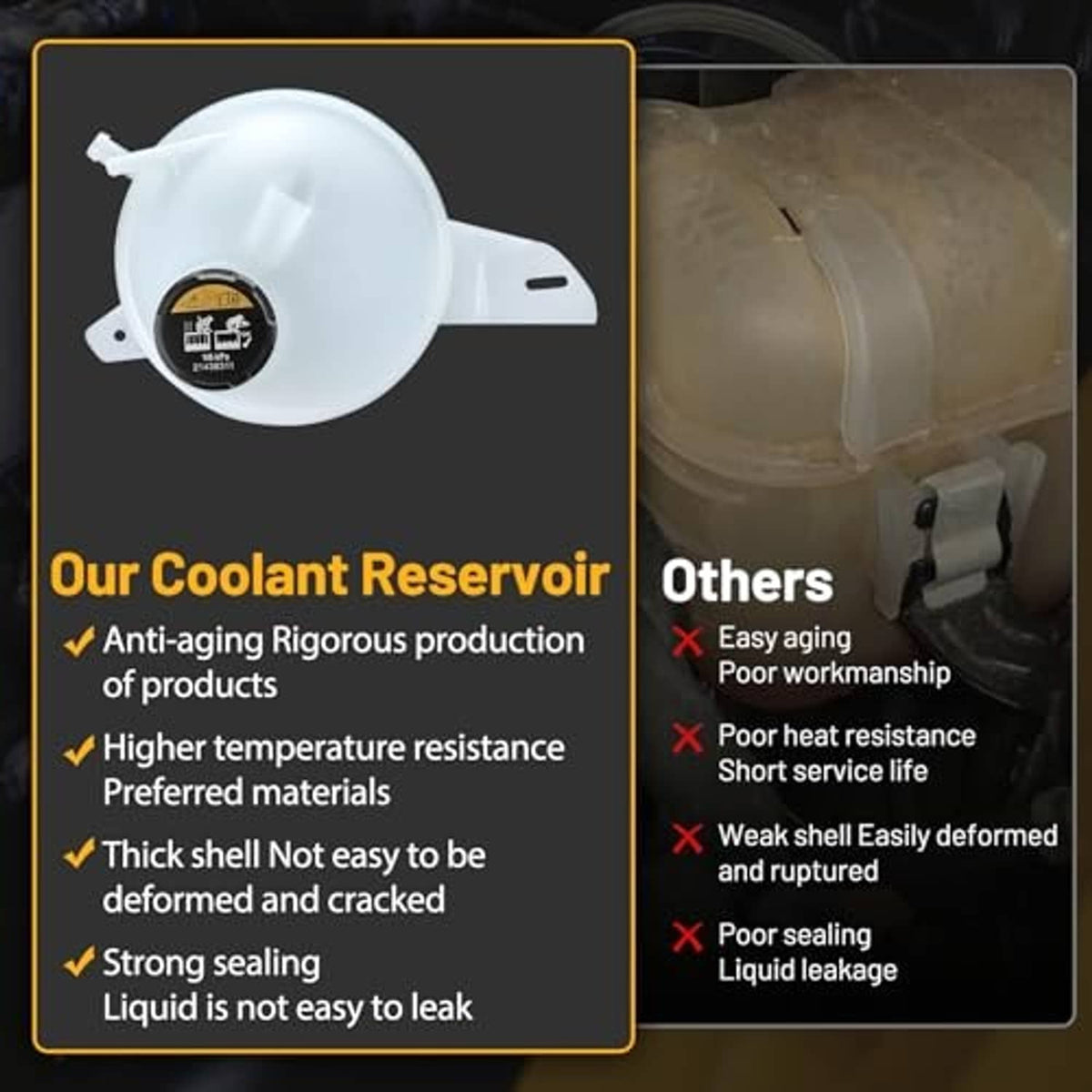 Coolant reservoir tank, white plastic with black cap and side mounting tabs