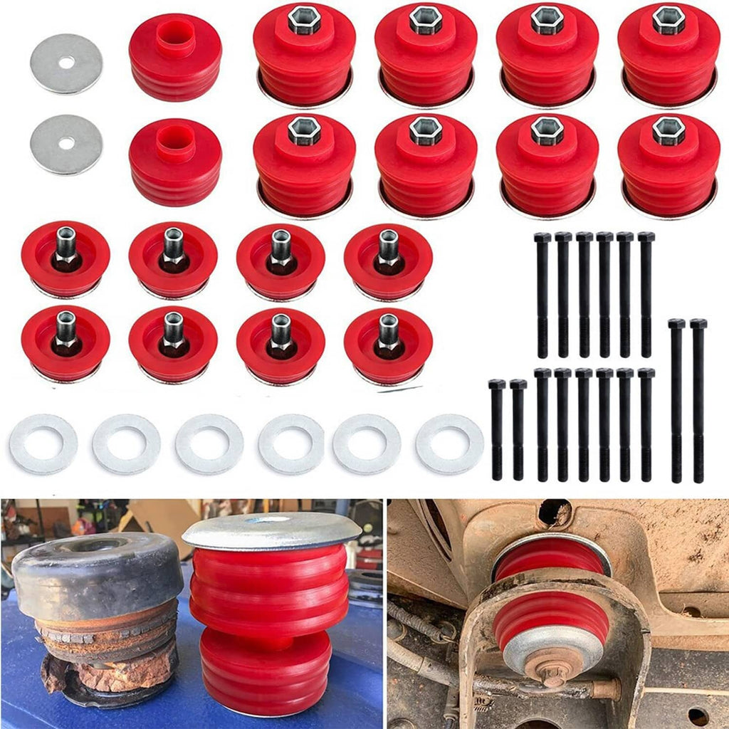 Red body mount bushing set with multiple bushings, hardware bolts, and flat washers
