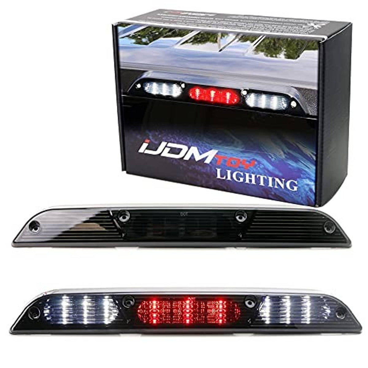 Smoked-lens LED third brake light assembly showing red center LED bar and white sides