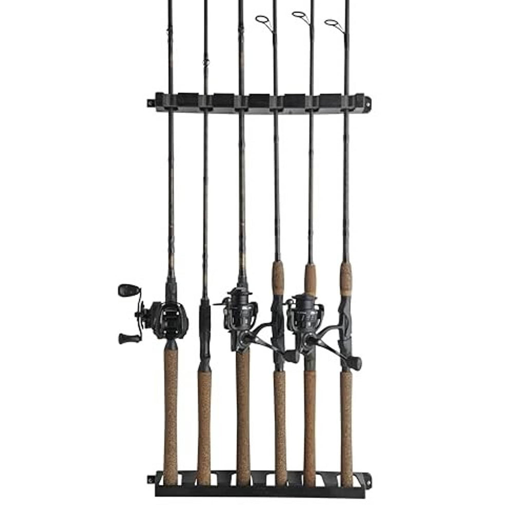 Vertical rack holding fishing rods with reels and cork grips.