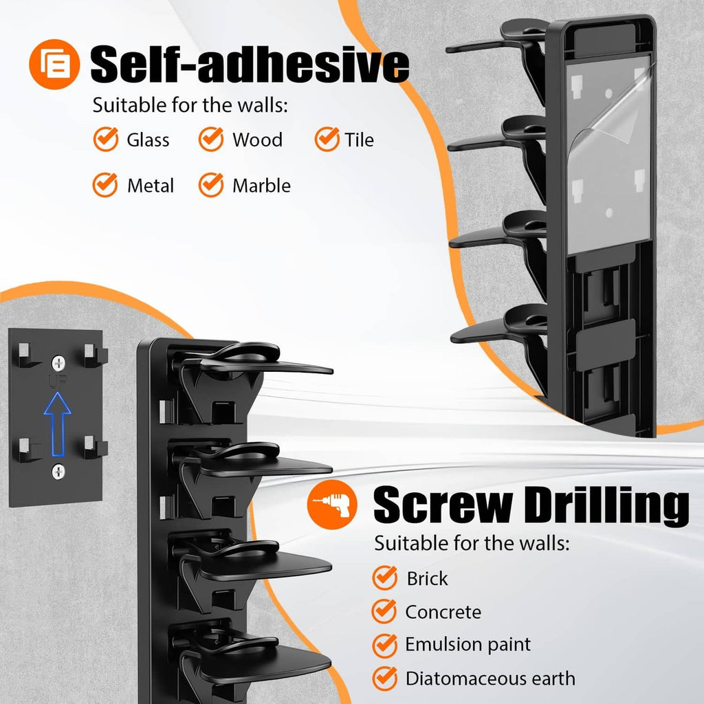 Black hat organizer wall mounting clips with adhesive mount and screw-drill setup