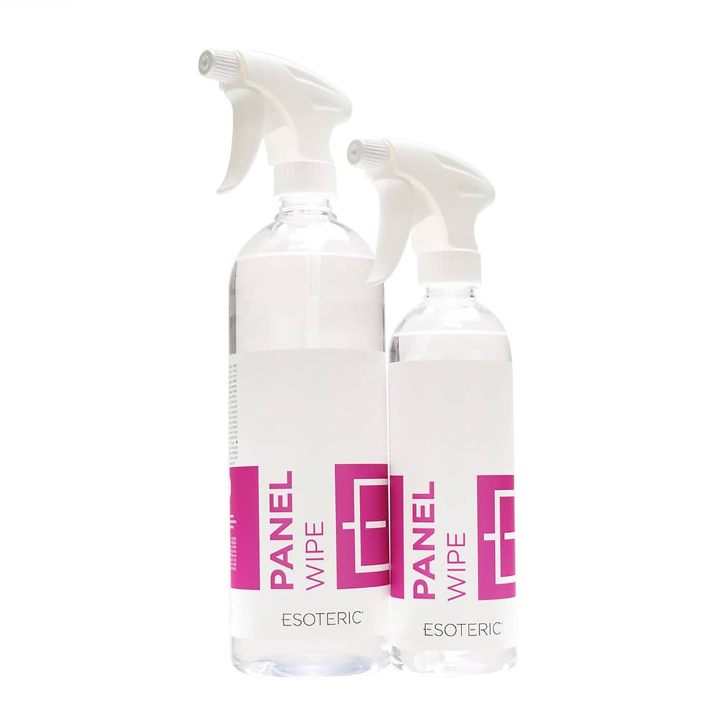Two ESOTERIC Panel Wipe surface cleaner spray bottles, white with pink labels