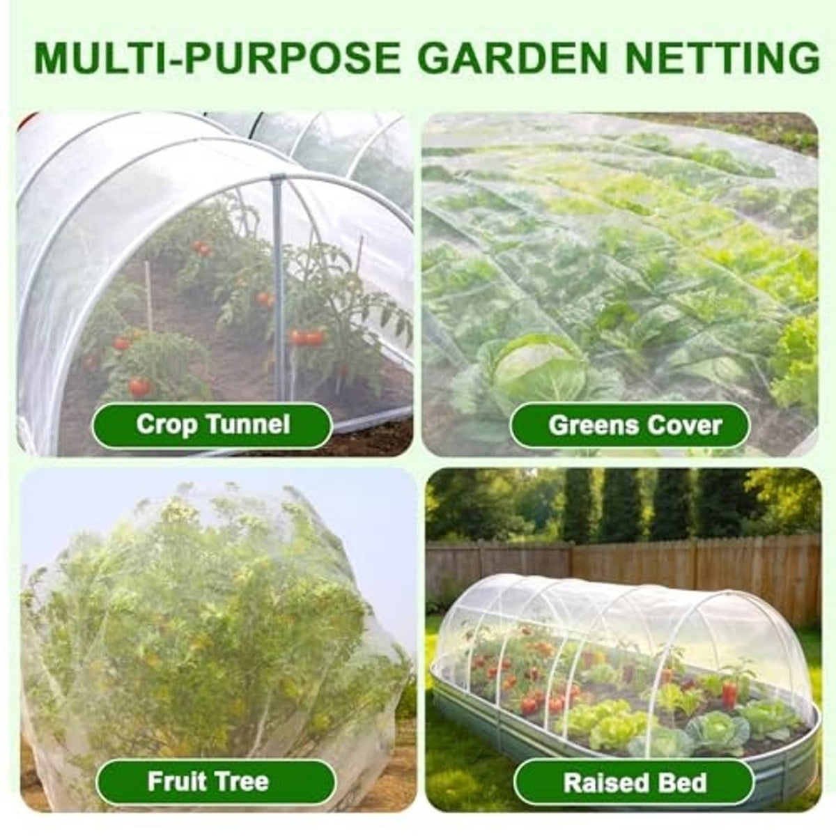 White garden netting mesh shown covering plants in crop tunnel and bed
