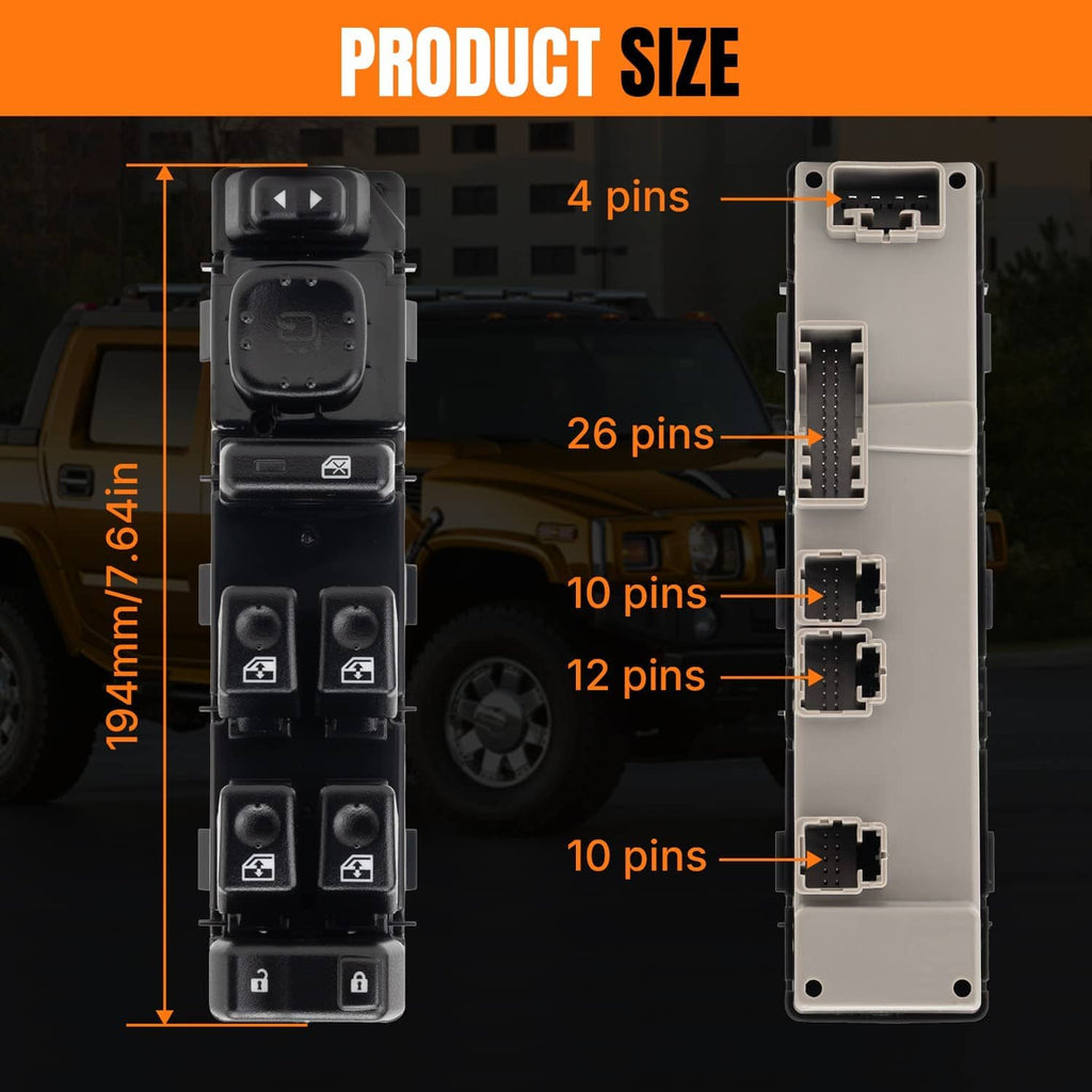 Power window switch module diagram showing pin layout and connector side
