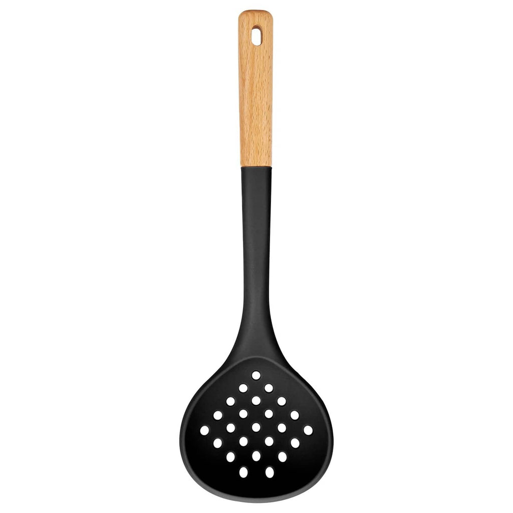 Large black slotted ladle strainer with perforated bowl and light wood handle