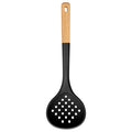 Large black slotted ladle strainer with perforated bowl and light wood handle