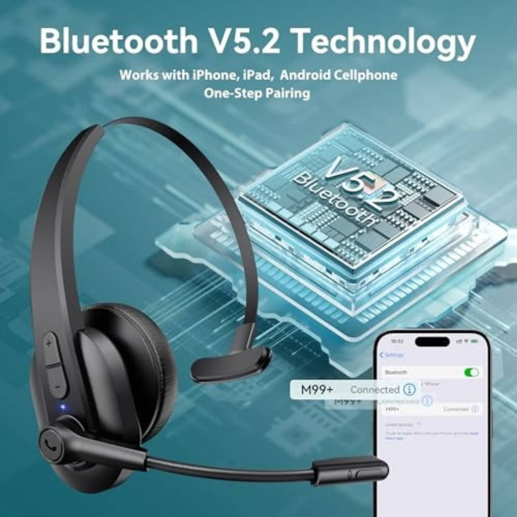 Black single-ear Bluetooth headset with boom microphone and pairing indicator