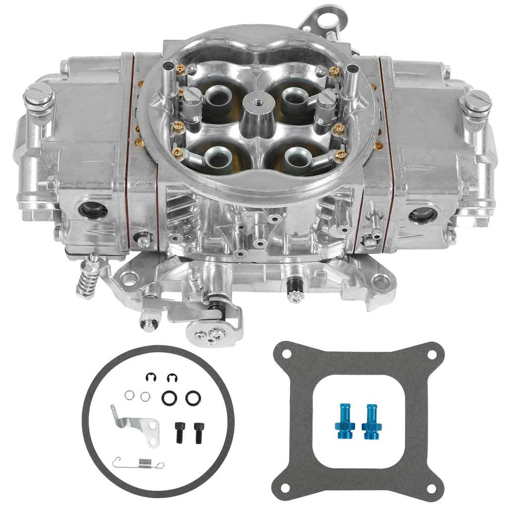 Carburetor with mounting gasket and small hardware kit, front view and included parts