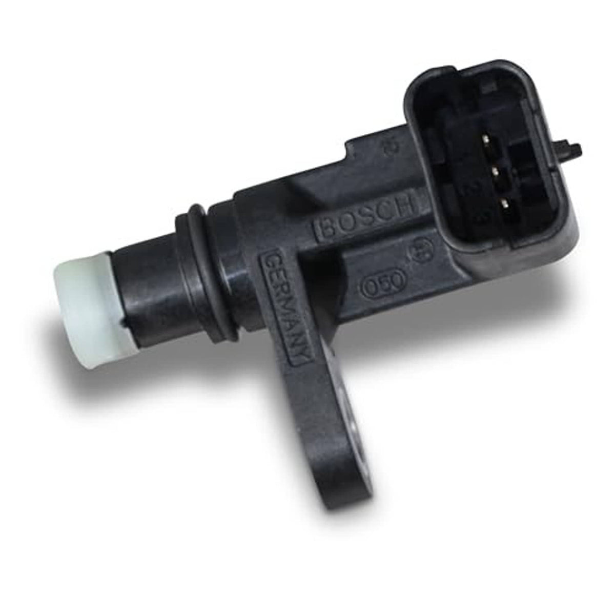 Bosch camshaft position sensor with 4-pin electrical plug and metal arm