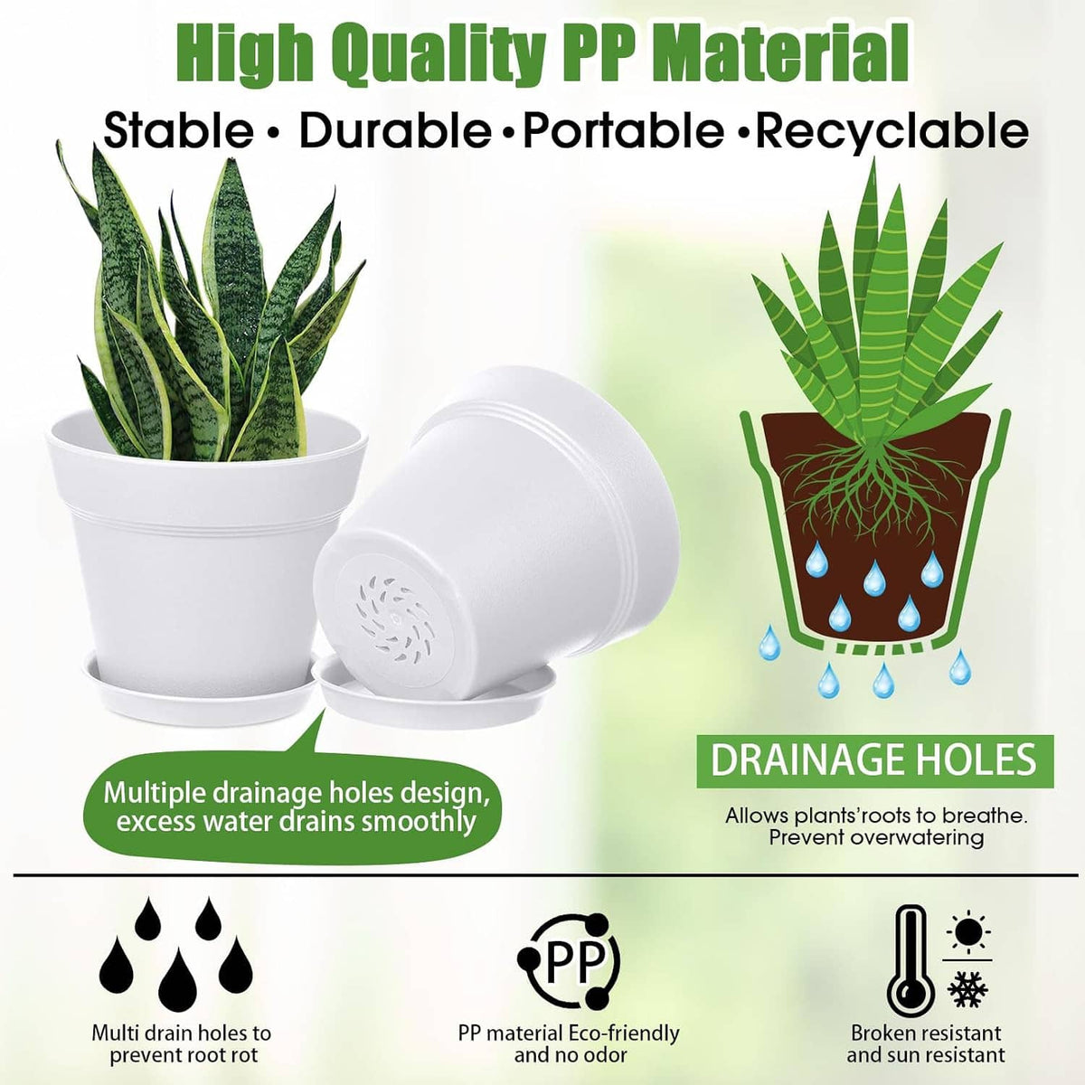 Durable PP 4-inch plant pots with saucers, featuring multiple drainage holes.