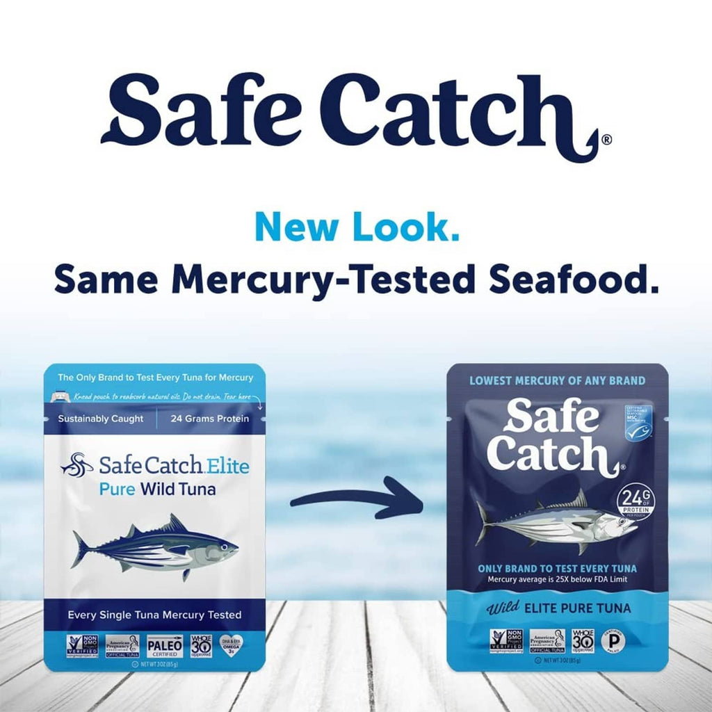 Safe Catch Elite tuna pouches with 'New Look' and mercury-tested messaging graphic
