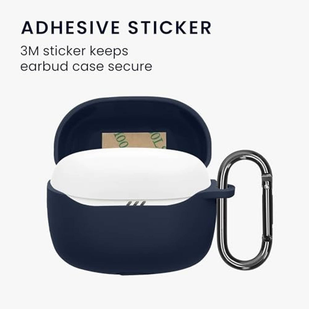 Dark blue silicone earbuds case cover open with metal carabiner loop