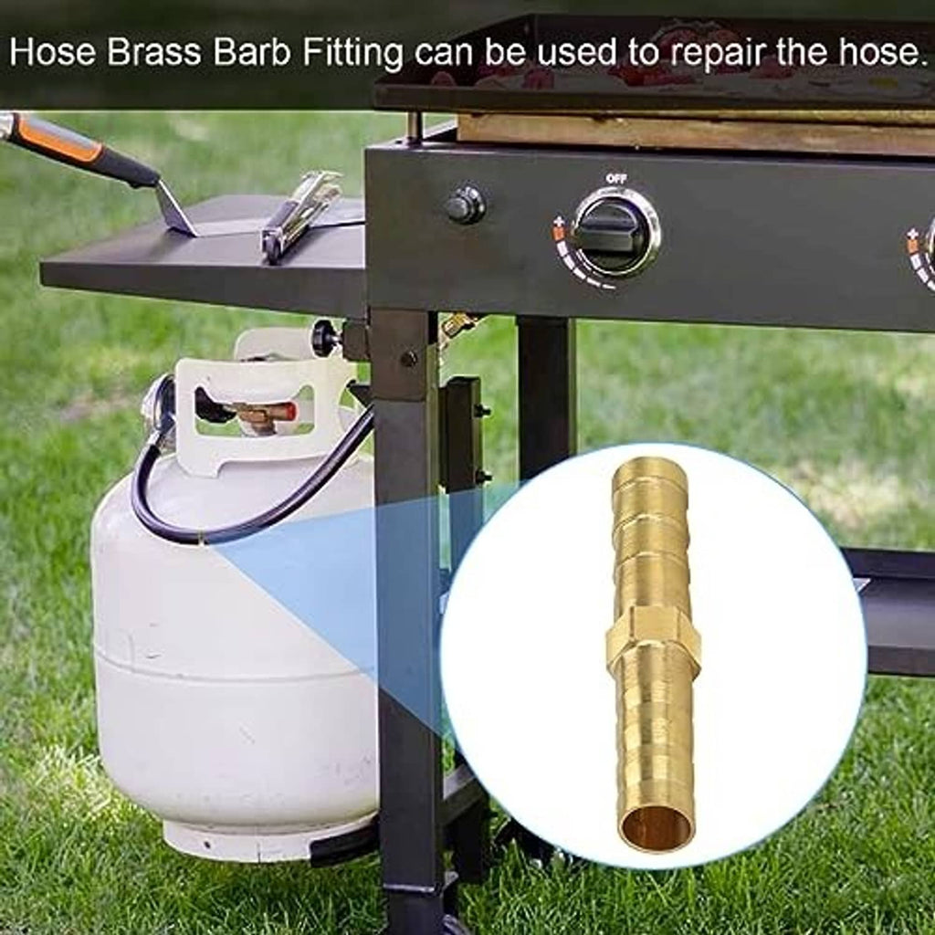 Brass barbed gas hose connector on outdoor gas equipment, highlighted coupling
