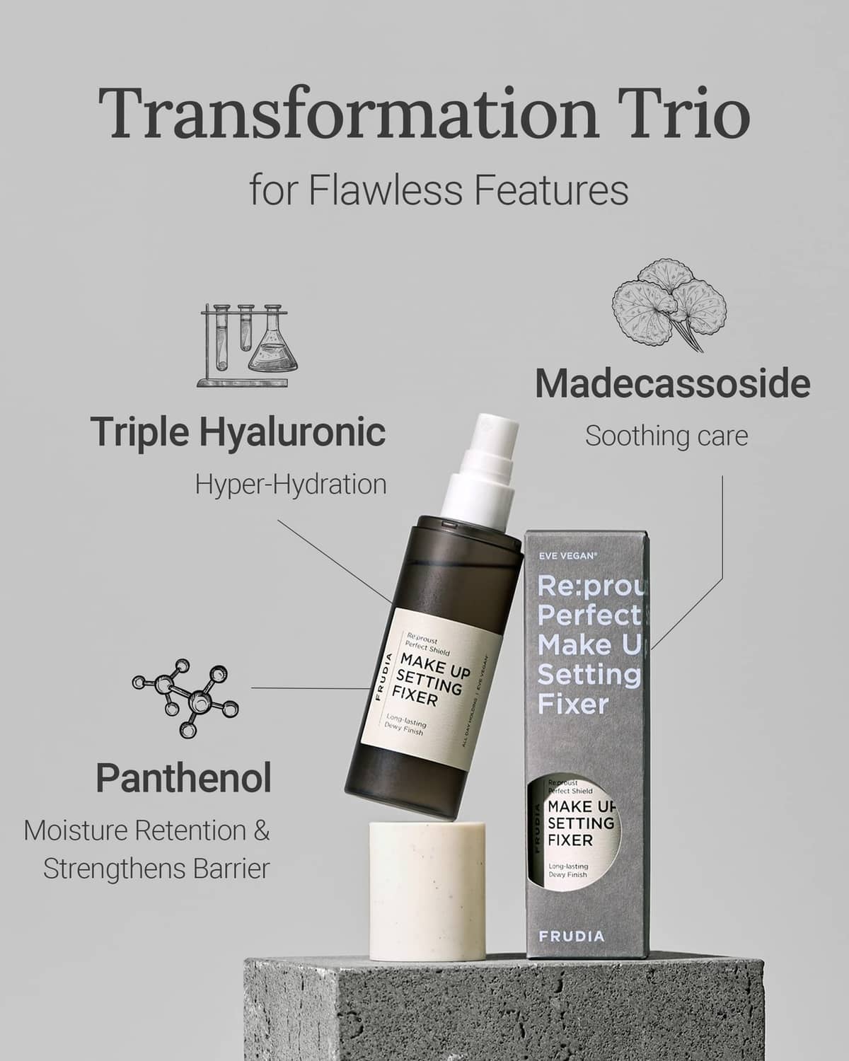 Facial setting fixer trio display with spray bottle and two product boxes