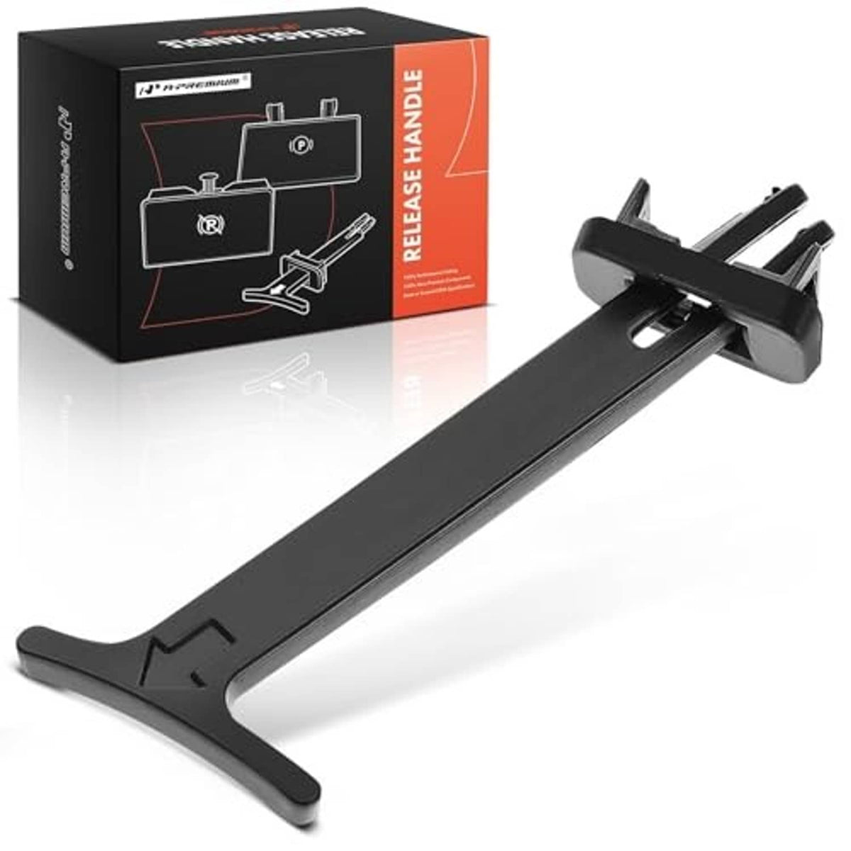 Black hood safety latch release pull rod handle with side mounting bracket, angled view