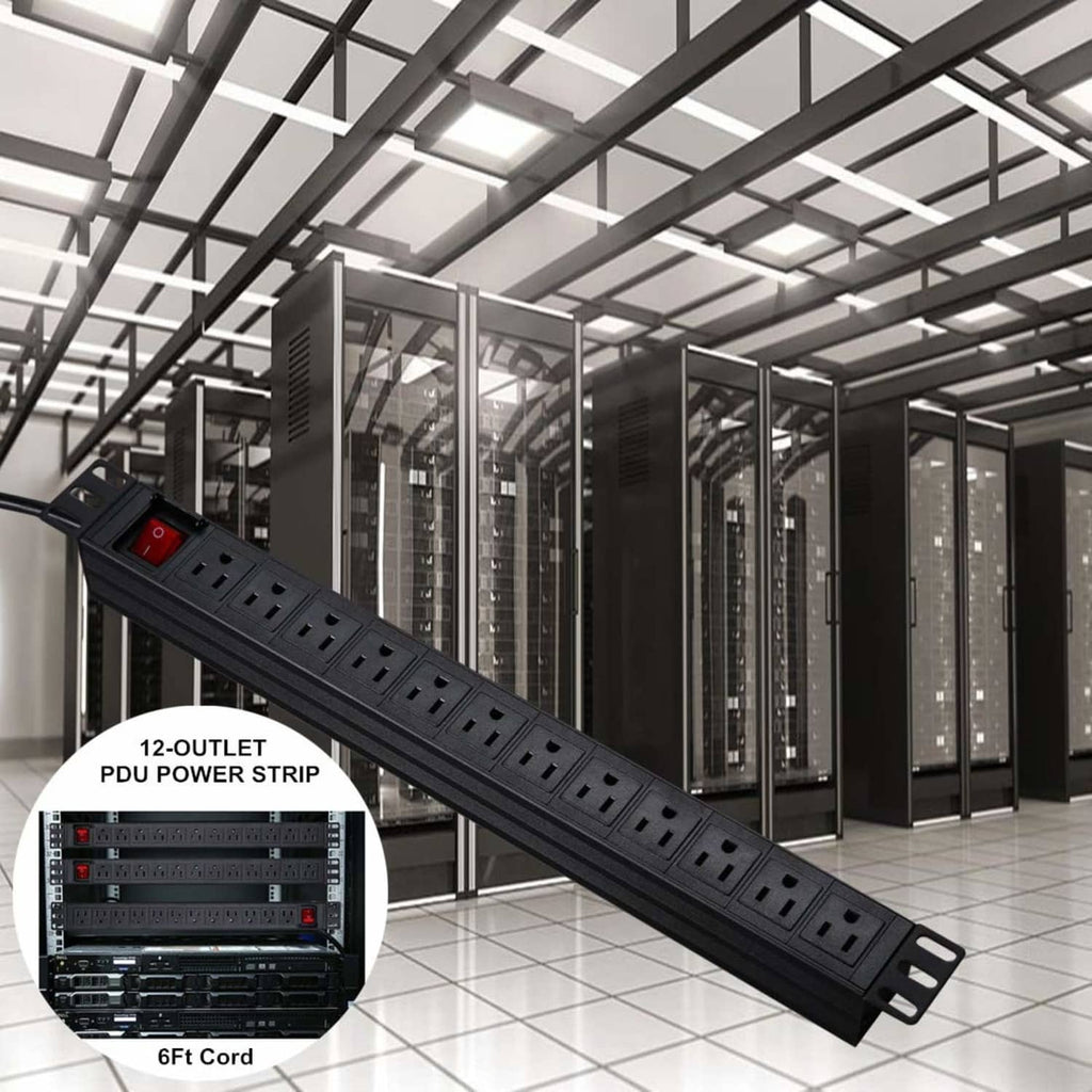 Black rack-mount PDU with 12 outlets mounted in a server rack, 6 ft cord